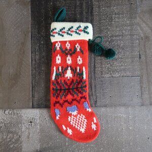 Vintage Red &Green Knit Christmas Stocking 80s 90s Pom Poms Small